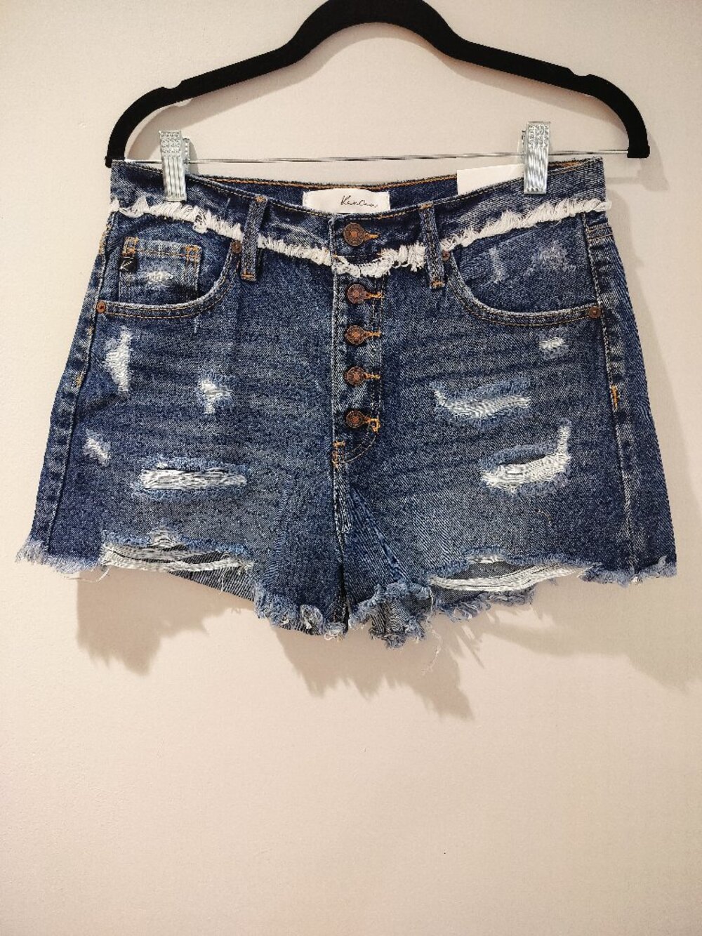 KanCan High Rise Distressed Denim Shorts Button Fly Frayed Hem Size 27 *